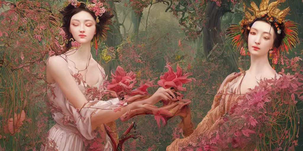 Prompt: breathtaking detailed concept art painting of the goddess of flamingo, orthodox saint, with anxious, piercing eyes, ornate background, amalgamation of leaves and flowers, by Hsiao-Ron Cheng and John James Audubon, extremely moody lighting, 8K