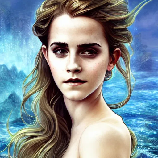Prompt: Emma Watson as a beautiful mermaid, cute, fantasy, intricate, elegant, highly detailed, digital painting, 4k, HDR, concept art, smooth, sharp focus, illustration, art by artgerm and H R Giger and alphonse mucha