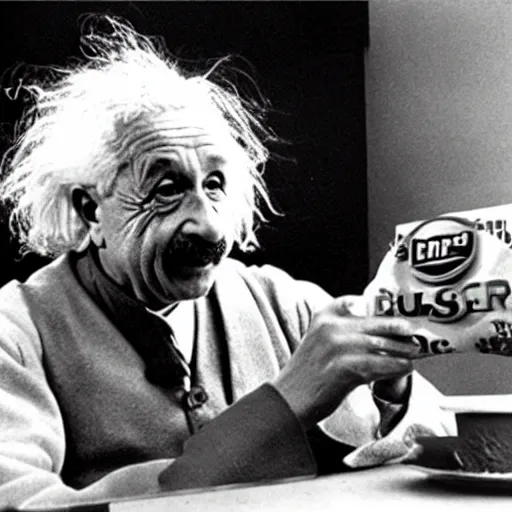 Image similar to albert einstein eating an impossible whopper from burger king