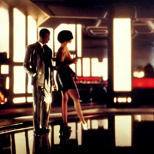 Image similar to 1 9 8 2 film stills of blade runner's rachel with beyonce, getting drinks at a futuristic bar. dark and atmospheric, touches of frank lloyd wright and syd mead,.