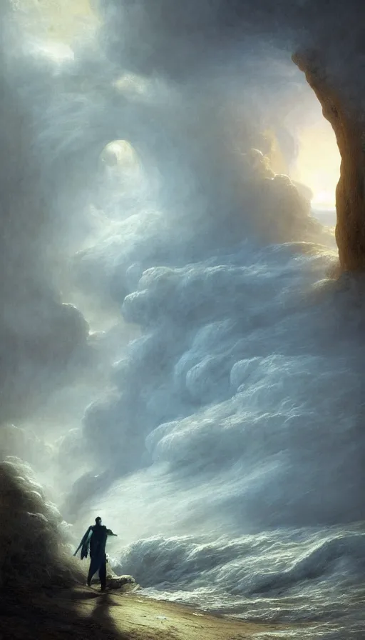 Prompt: a glowing magical portal inside a big wave made of sand fantasy desert, portal, a man watching over, lightning, arabia, by caspar david friedrich by james gillard and justin gerard, artstation, smooth, sharp focus, by jean baptiste, bernardo bellotto