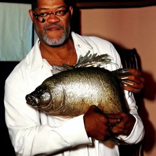 Prompt: laurence fishburne holding an over cooked fish