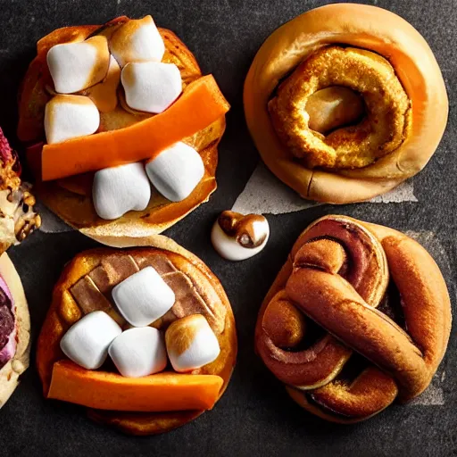 Prompt: Fast Food commercial photograph of a Cinnabon burger with a sweet potato patty, sweet cinnamo bun and melted marshmallows