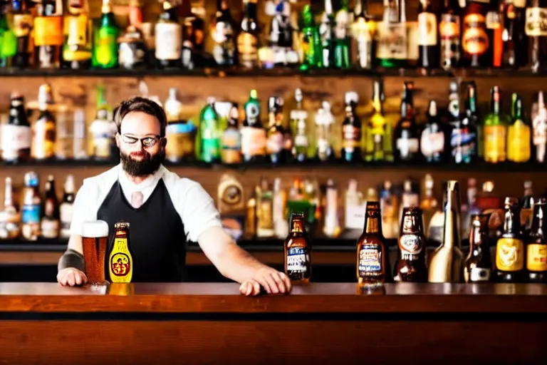 Image similar to a anthropomorphic bottle of beer, customer, stands in front of a bar waiting to be served by the bartender