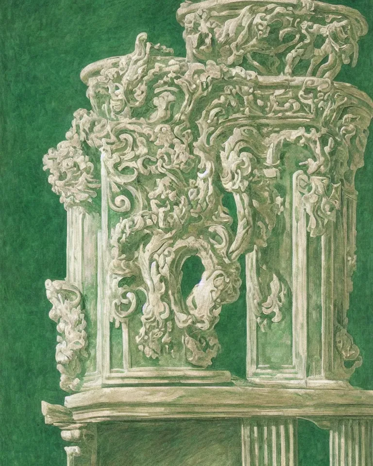 Image similar to achingly beautiful painting of intricate ancient roman corinthian capital on jade background by rene magritte, monet, and turner. giovanni battista piranesi.