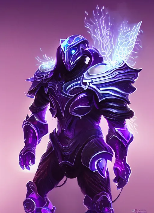 Image similar to a highly detailed illustration of futuristic cyber knight with flaming plume with arm blades, rigid bulky armor, glowing purple line cracks in armor, dramatic standing pose, intricate, elegant, highly detailed, centered, digital painting, artstation, concept art, smooth, sharp focus, league of legends concept art, WLOP