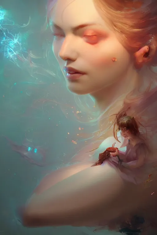 Image similar to face closeup beautiful girl fairy wearing velvet dress floating on water, 3 d render, holding electricity, hyper realistic detailed portrait, ruan jia, wlop, fantasy, hyper detailed, octane render, concept art, peter mohrbacher