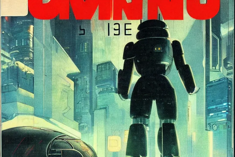 Image similar to 1979 OMNI Magazine Cover depicting a large imposing Android. Final boss fight. Cyberpunk Akira style by Vincent Di Fate