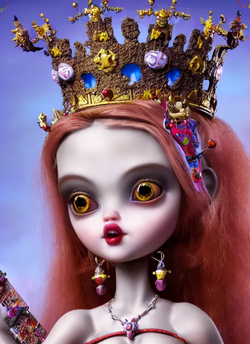 Image similar to highly detailed closeup, profile portrait of a tin toy goth fairytale princess wearing a crown, bikini, unreal engine, nicoletta ceccoli, mark ryden, earl norem, lostfish, global illumination, detailed and intricate environment