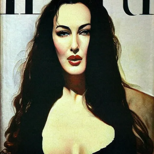 Image similar to “Monica Bellucci portrait, color vintage magazine illustration 1950”