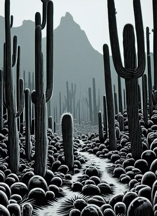 Image similar to art by brian reedy, a beautiful black ink linocut print of the giant cactus forest baja mexico, 8 k, frostbite 3 engine, cryengine, ground level shot, dof, trending on artstation, digital art, crepuscular ray