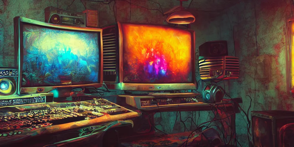 Image similar to A realistic painting of a vintage CRT computer, with a psychedelic mushroom on the screen, in a post apocalyptic recording studio, unreal 5, DAZ, hyperrealistic, octane render, RPG portrait, dynamic lighting,