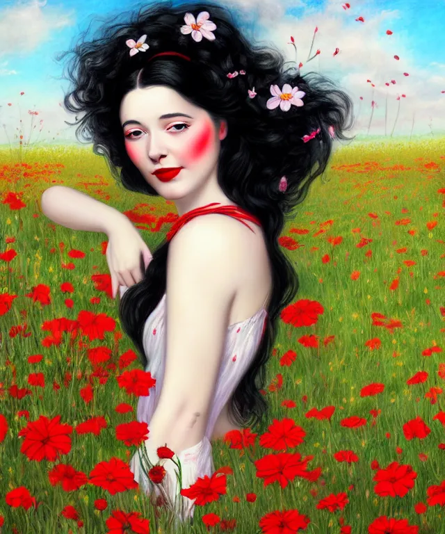 Image similar to happy girl with black hair, red lips, lying in a field of flowers, highly detailed, matte painting, french rococo painting, illustration,