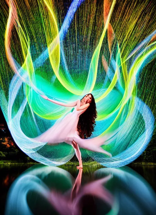 Prompt: an elegant goddess, flowing lightpainting swirling around her, highly detailed, photorealistic, surrounded by lake, reflections, smooth, sharp focus, ultrawide, art by lindsay adler and dani olivier and michael bosanko