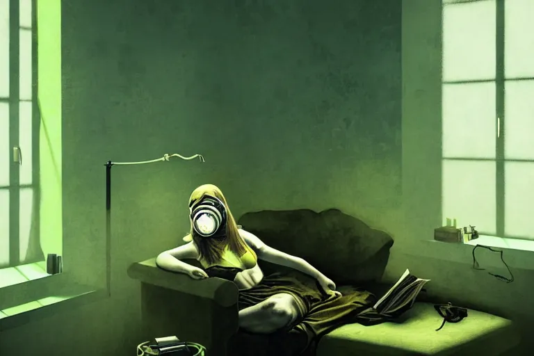 Prompt: girl with wearing a gas mask lying on the sofa reading a book in her room, in the style of dariusz zawadzki, solarpunk, atmospheric, clean, intricate and epic composition, green by caravaggio, insanely quality, highly detailed, masterpiece, blue light, artstation, 4 k