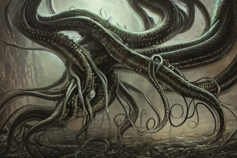 Image similar to ultra realist soft painting of the world of lovecraft elden ring and giger gigantic oily tentacles and eyes very intricate details ultra dense