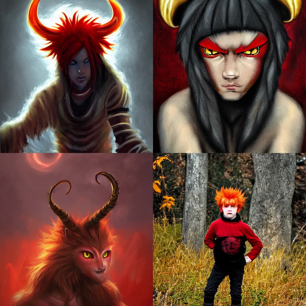 Prompt: a red haired boy with golden eyes and demon horns and a spiked tail. By Taras Susak