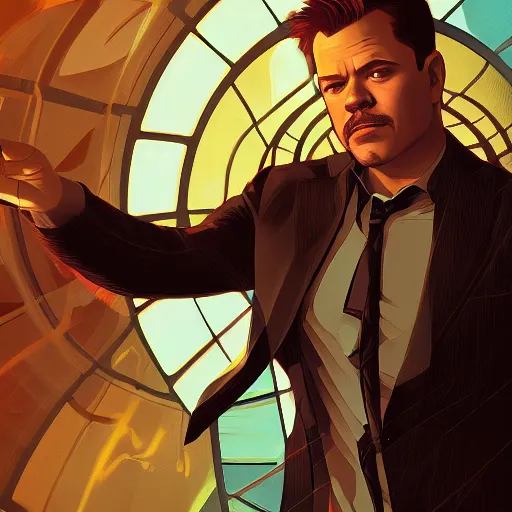 Image similar to Matt Damon as Tony Stark, ambient lighting, 4k, alphonse mucha, lois van baarle, ilya kuvshinov, rossdraws, artstation