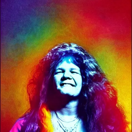 Image similar to Janis Joplin, psychedelic rainbow colors,