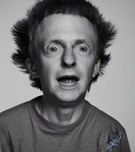 Image similar to professional photograph of a portrait of Morty from Rick and Morty, black and white, studio lighting