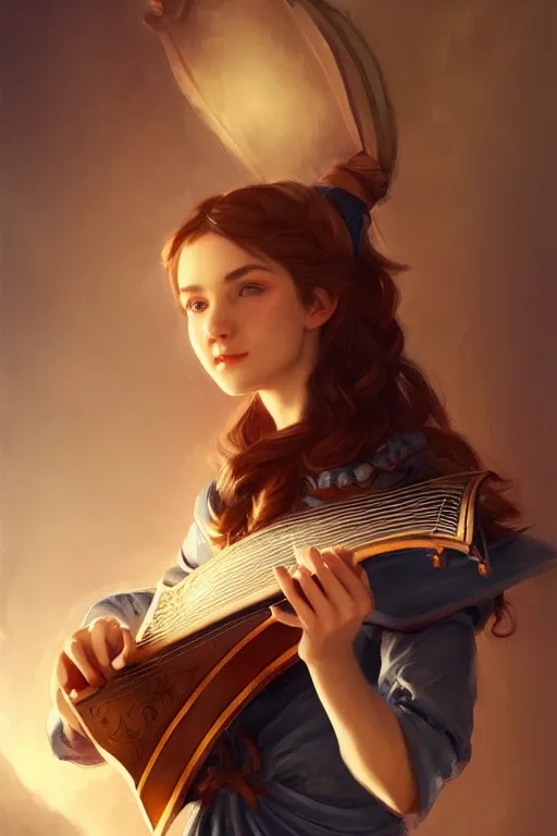 Image similar to beautiful bard holding a lute, accurate anatomy, only two hands, highly detailed, digital painting, artstation, concept art, smooth, sharp focus, illustration, Unreal Engine 5, 8K, art by Artgerm and greg rutkowski