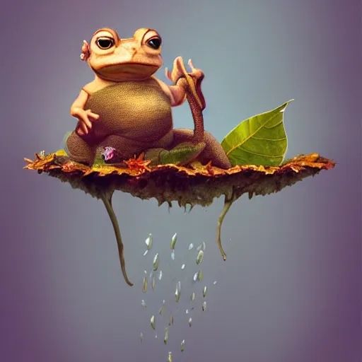 Image similar to funny long shot of a crazy toad baby sitting in a leaf cup, by esao andrews, by m. w. kaluta, ultra humorous illustration, small depth of field, perspective perception, volumetric light, psychedelic colors, 3 d octane render, 8 k, conceptart, hyperdetailed, hyperrealistic, trending on artstation