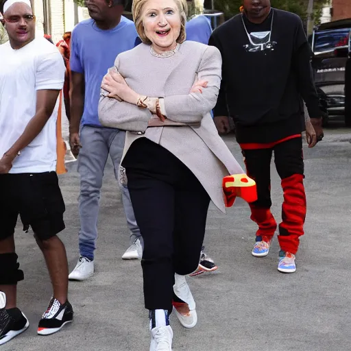 Prompt: hillary clinton wearing vlone and yeezys