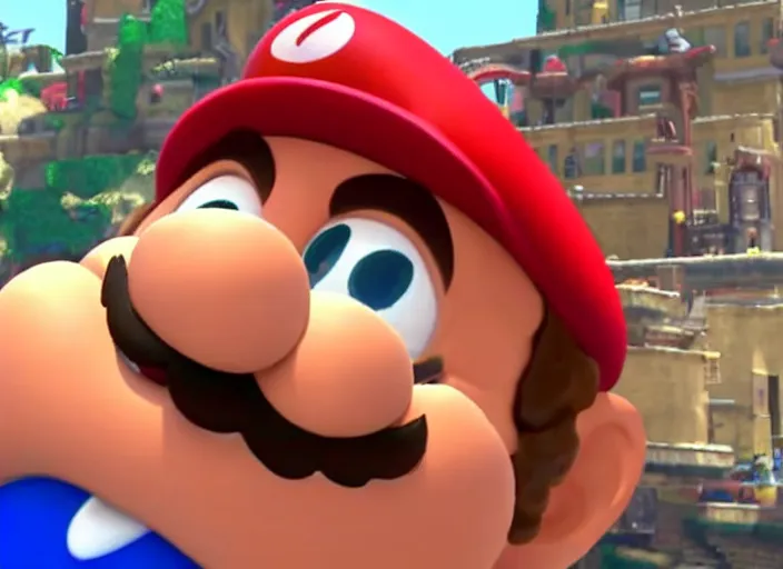 Prompt: video game still of!!!! danny devito wearing his glasses!!!! as mario in the video super mario odyssey,