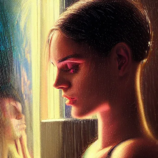 Image similar to detailed face of a woman, lush, opulent, enclosed, utopian, tech noir, wet reflections, prism, atmospheric, ambient, pj crook, syd mead, livia prima, artgerm, greg rutkowski, nick alm, casey baugh