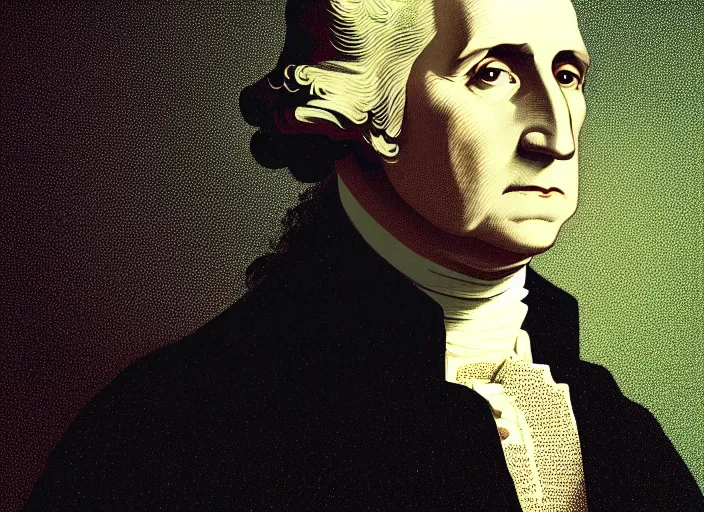 Prompt: illustrated portrait of george washington, colorful, mads berg, karolis strautniekas, christopher balaskas, stippled light, low fog, moody, fine texture, editorial illustration, dramatic lighting, dynamic composition, detailed, matte print, muted color, ( ( victo ngai ) ), wide angle