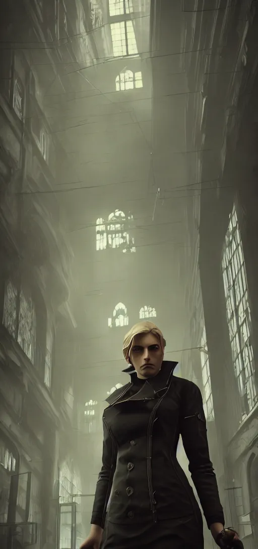 Image similar to distant shot of beautiful annie leonhart in dunwall city, redshift render, beautiful face, detailed face, cinematic lighting, rainy weather, melancholy atmosphere, volumetric light, octane render, dishonored 1, gothic architecture, realistic reflections, octane render 8 k