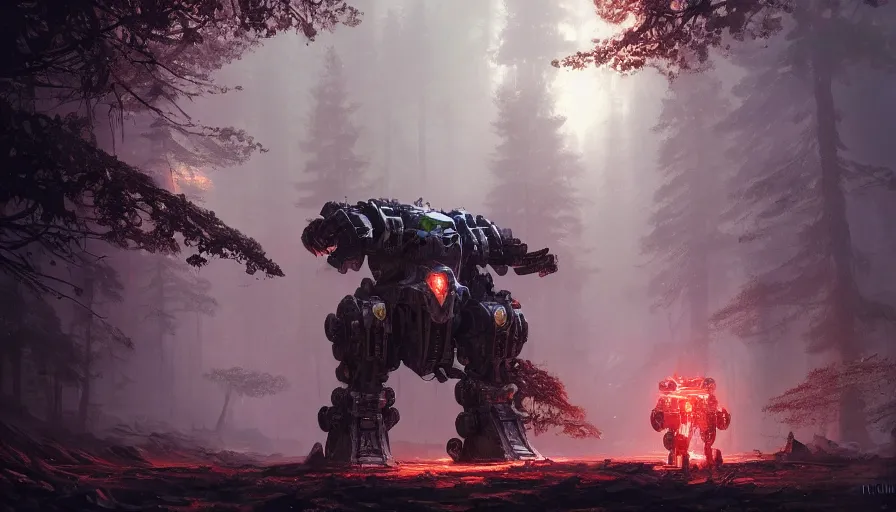 Image similar to military mech covered in armor with elden ring aesthetic, glowing lights, beautiful forests and trees, intricate detail, epic wallpaper, art by darek zabrocki and John Park and Feng Zhu and Jason Chan, trending on artstation, masterpiece.