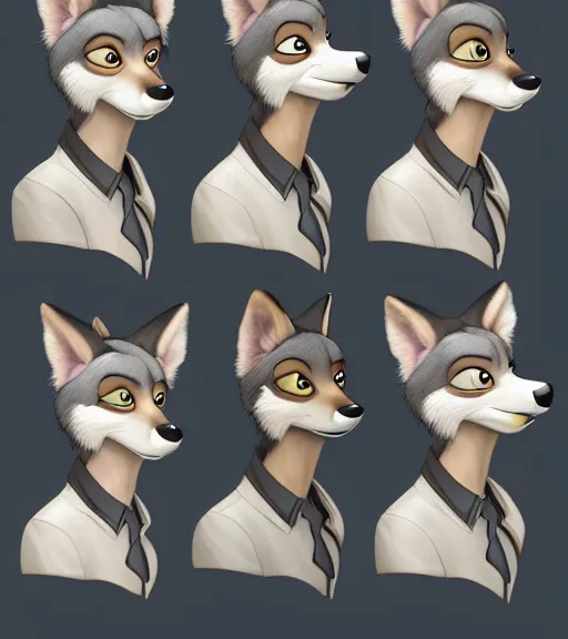 Image similar to painting bust of anthromorphic female wolf, in style of zootopia, zootopia, zootopia, fursona, furry, furaffinity, 4 k, deviantart, furry art, fursona art, wearing black business suit, business suit, in style of zootopia, wolf fursona, cyberpunk, female, expressive detailed feminine face,