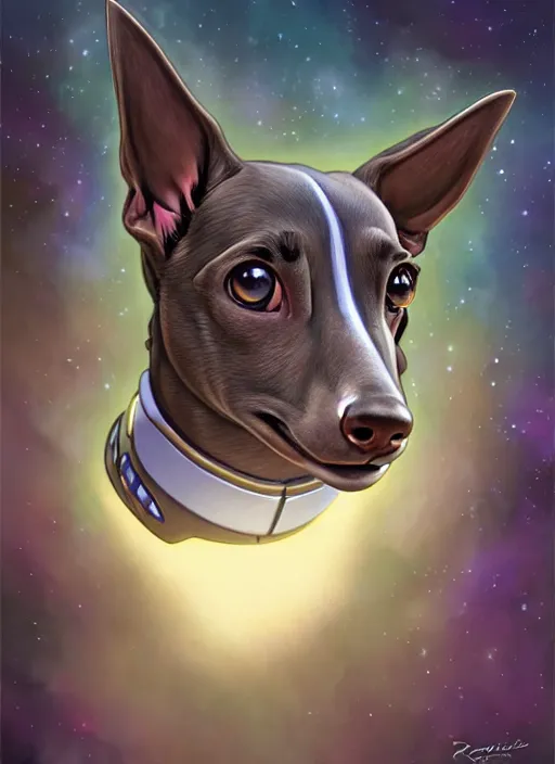 Image similar to cute star trek officer brindle greyhound, natural lighting, path traced, highly detailed, high quality, digital painting, by don bluth and ross tran and studio ghibli and alphonse mucha, artgerm