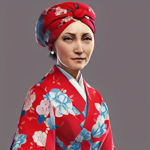 Image similar to [Emma Bonino] in Yakuza videogame, she is wearing a kimono and a turban,artwork 8k, trending on artstation