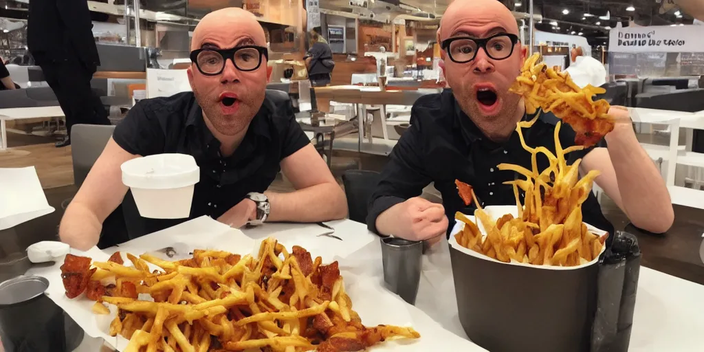 Image similar to Harry hill eating loaded fries in ikea