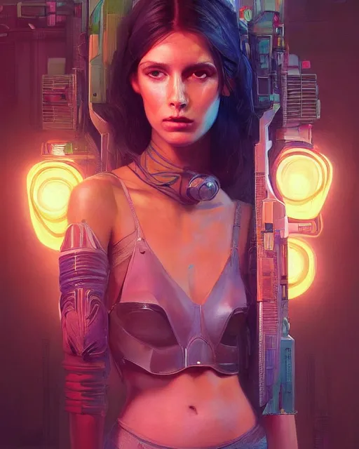 Image similar to portrait of a brunette hippie, but set in the future 2 1 5 0 | highly detailed | very intricate | symmetrical | professional model | cinematic lighting | award - winning | painted by mandy jurgens | pan futurism, dystopian, bold colors, cyberpunk, anime aesthestic | featured on artstation