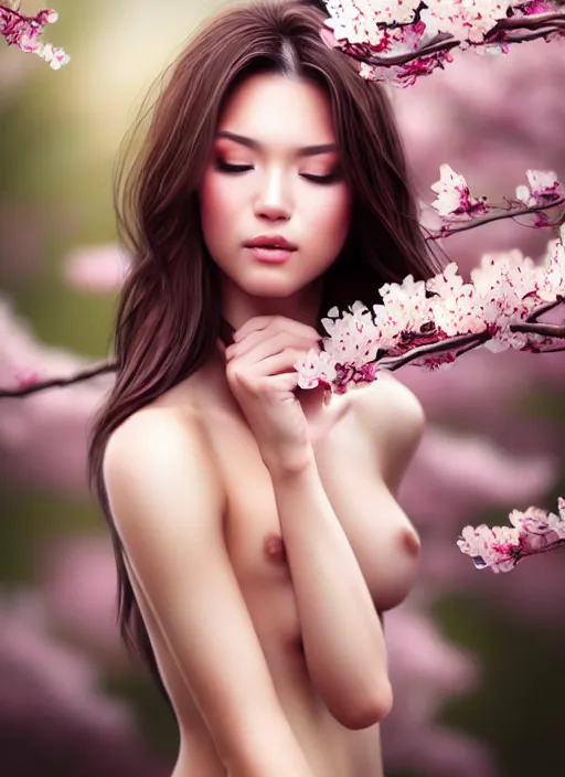 Image similar to photo of a gorgeous female in the style of stefan kostic, realistic, half body shot, sharp focus, 8 k high definition, insanely detailed, intricate, elegant, art by stanley lau and artgerm, extreme blur cherry blossoms background