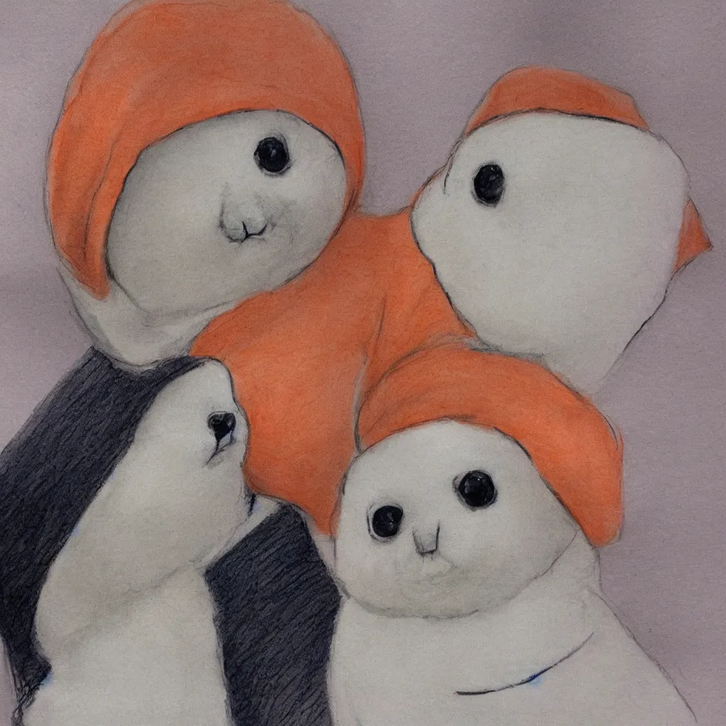 Image similar to a baby harp seal in an orange prisoner jumpsuit at the witness stand, courtroom sketch