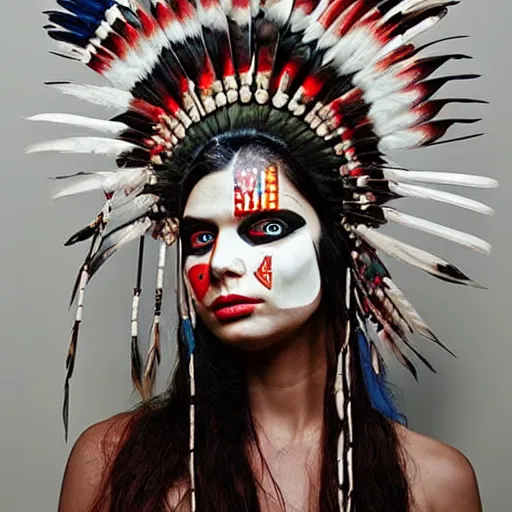 Image similar to a beautiful portrait sculpture designed by Sandra Chevrier, american indian headdress, American stars and stripes on face, by Annie Leibovitz