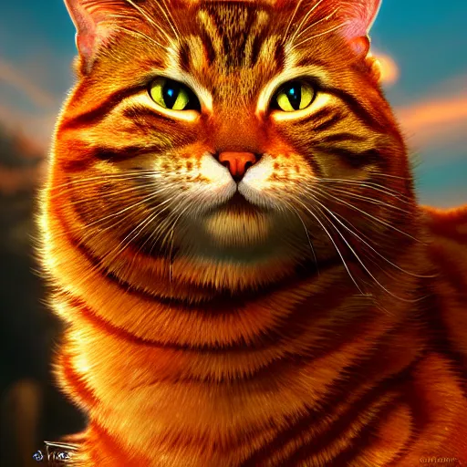 Image similar to colossal orange viking royal king tabby cat, golden hour, fantasy, vivid colors, sharp focus, digital art, hyper - realistic, 4 k, unreal engine, highly detailed, hd, dramatic lighting by brom, trending on artstation