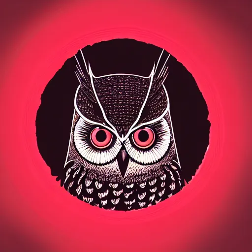 Image similar to an owl on the top of pyramid, darkest night, red eyes glowing, illustration, alan moore, watchmen, colorful, less saturation, grain, noise, avant garde, nft style, circle frame, rose black frame, coin look a like