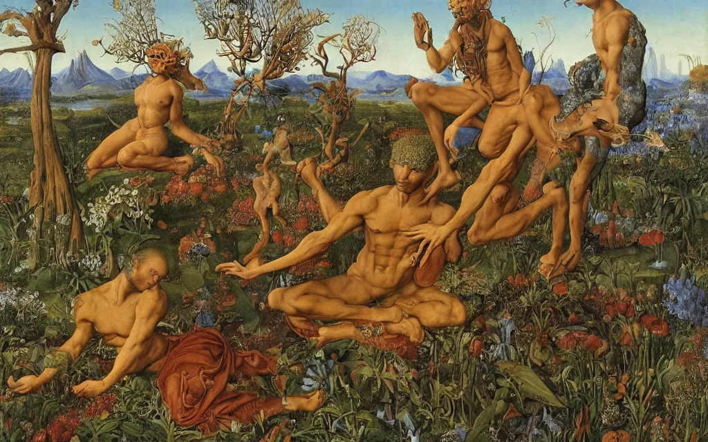 Image similar to a portrait photograph of a meditating satyr and a centaur monk riding a rocket machine and hunting at a river delta. surrounded by bulbous flowers and trees. mountain range under a blue sky of fiery stars. by jan van eyck, max ernst, ernst haeckel, ernst fuchs and artgerm, cgsociety, fashion editorial, 8 k