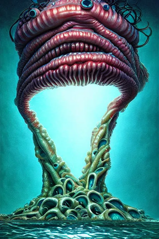 Image similar to hyperrealistic close-up surrealism underwater monster! highly detailed concept art eric zener elson peter cinematic hard green lighting high angle hd 8k sharp shallow depth of field, inspired by David Paul Cronenberg and Zdzisław Beksiński