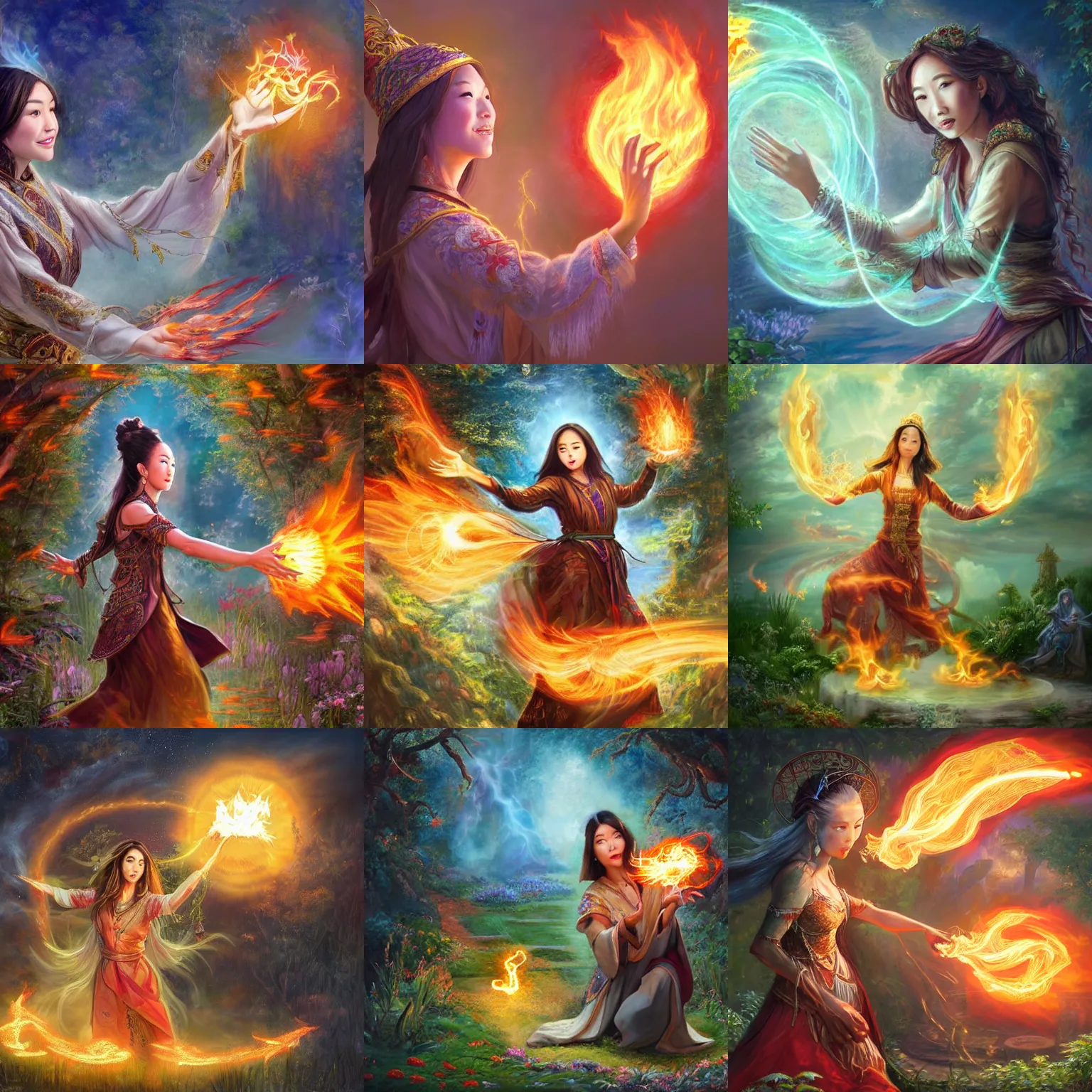 Prompt: breathtaking detailed concept art painting of a smiling hapa female sorceress casting fireball chasing will-o-wisp in the garden, orthodox saint, ornate background