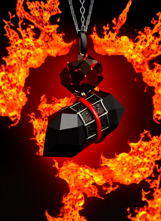 Image similar to rpg item, a black necklace with a bright red crystal pendant in flames, Unreal 5, DAZ, hyperrealistic, rpg style, octane render, dynamic lighting