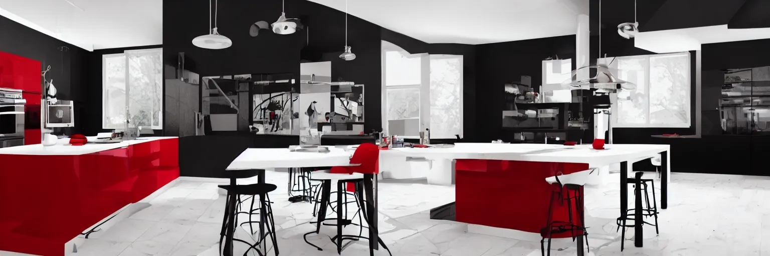Image similar to photo of a black kitchen, red walls, white floortiles, architecture, concept art