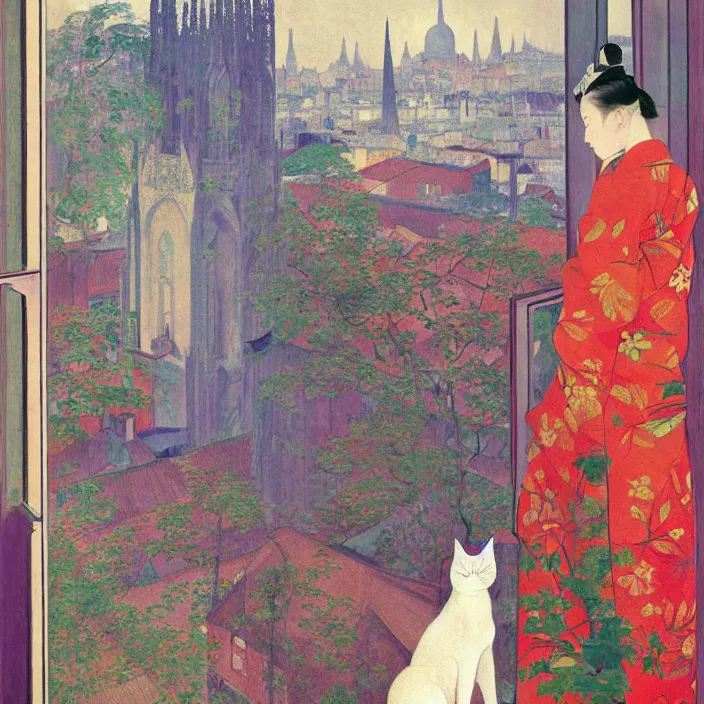 Prompt: portrait of woman in colorful kimono, white cat and house plant with city with gothic cathedral seen from a window frame with curtains. thunderstorm. agnes pelton, caspar david friedrich, bonnard, henri de toulouse - lautrec, utamaro, matisse, monet