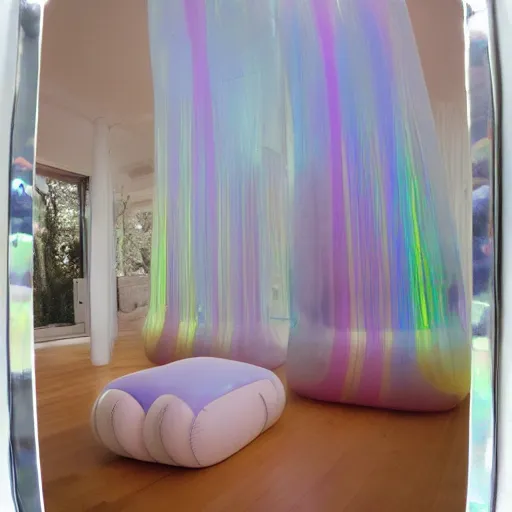 Image similar to a pastel colour high fidelity wide angle Polaroid art photo from a holiday album at a spa retreat with abstract inflatable parachute furniture, all objects made of transparent iridescent Perspex and metallic silver, no people, iridescence, nostalgic