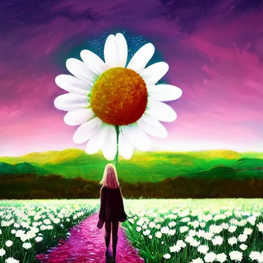 Image similar to giant daisy flower as a head, girl walking in flower field, surreal photography, moon light, dramatic, impressionist painting, colorful clouds, digital painting, artstation, simon stalenhag